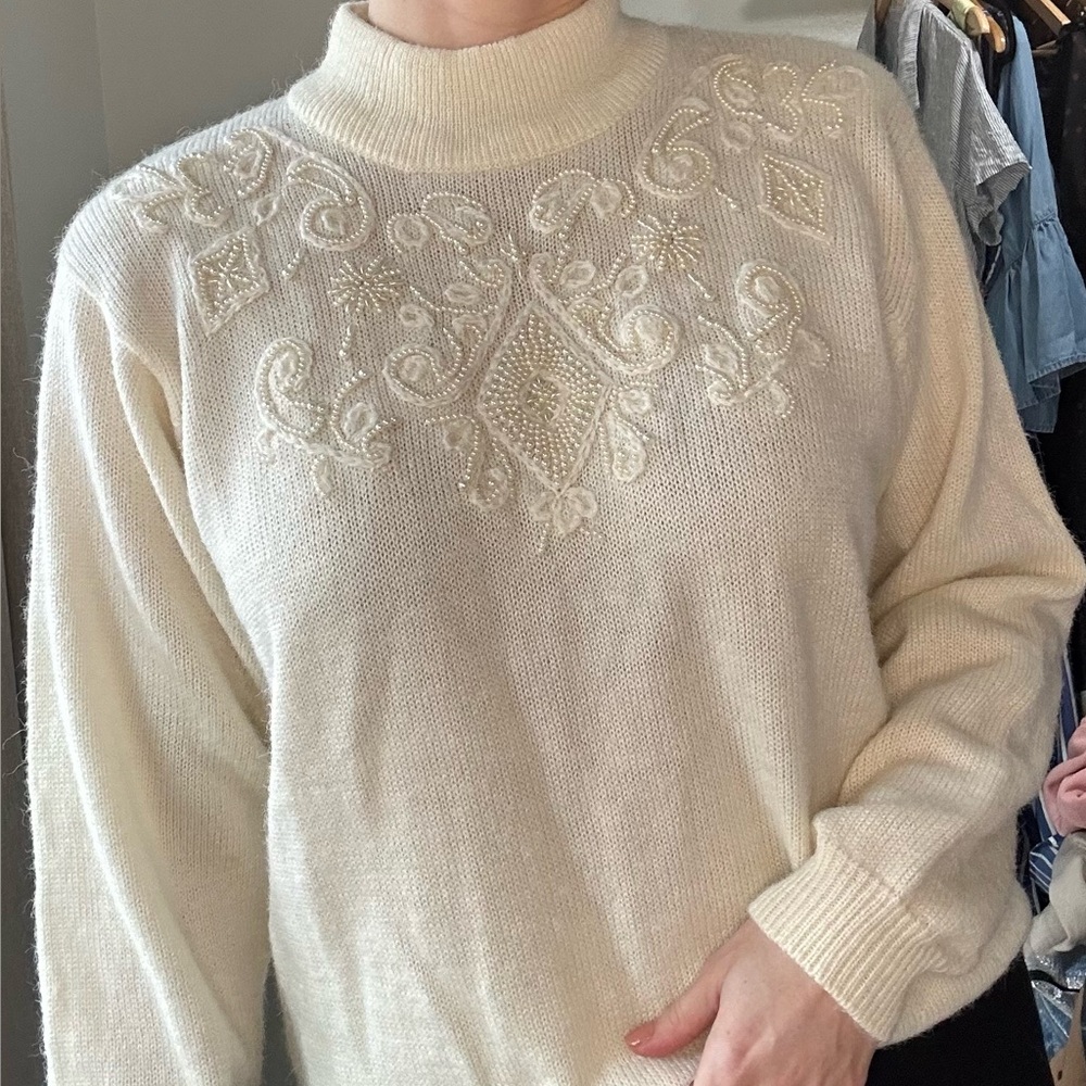 Alfred Dunner Cream Turtleneck Sweater with Embroidery